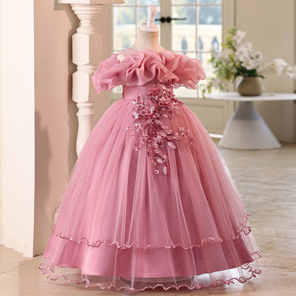 Children's one-shoulder tulle princess dress - perfect for weddings, banquets, piano recitals, and parties