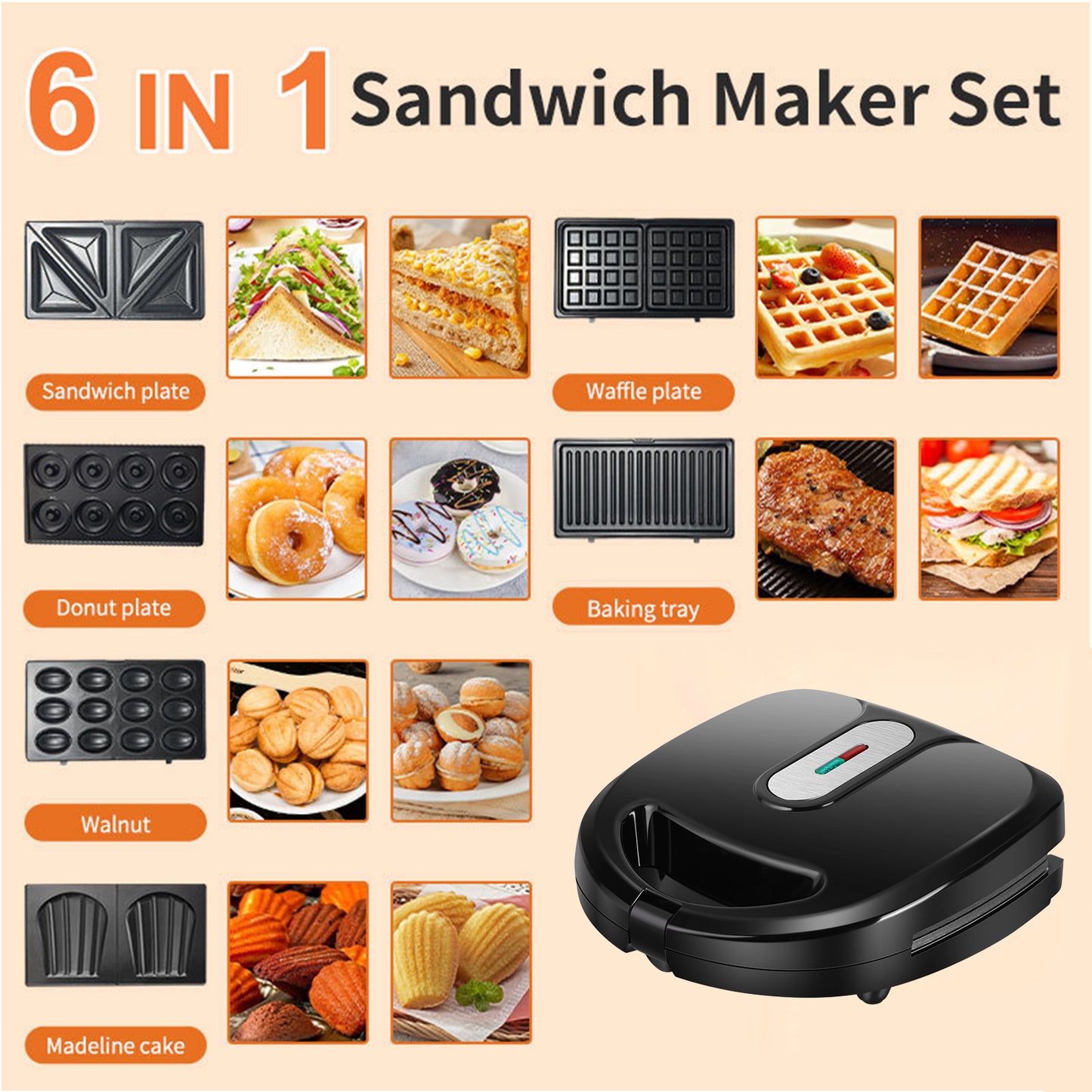 Cross-border sandwich maker, electric waffle iron, madeleine machine, breakfast maker, 6-in-1 waffle maker, donut maker