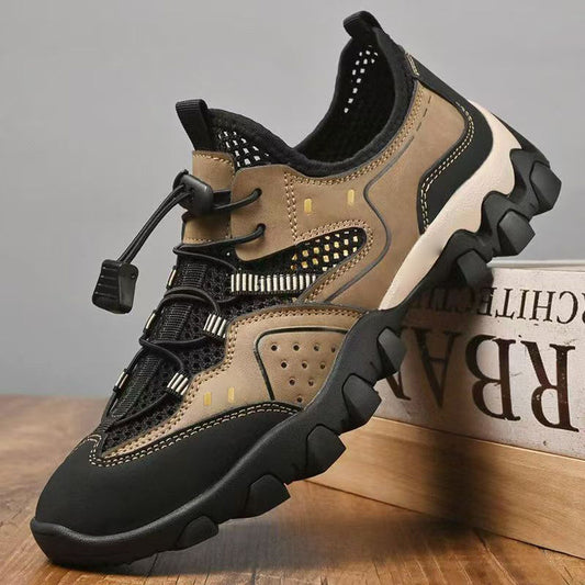 Mesh men's summer outdoor hiking shoes, breathable hollow-out sneakers, non-slip slip-on casual shoes for men - cross-border