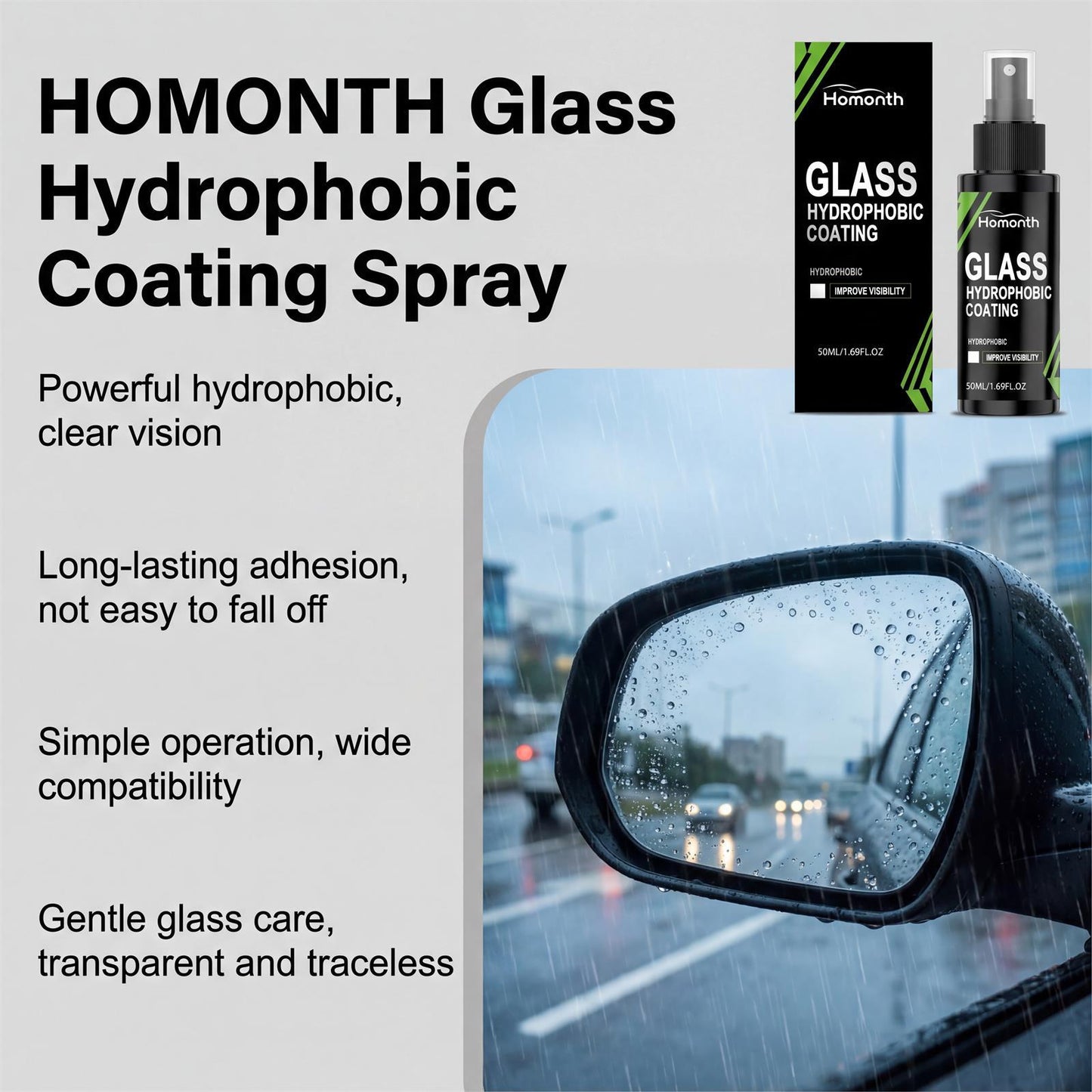 HOMONTH glass hydrophobic coating, automotive glass cleaning care hydrophobic water flooding anti-fouling clear vision