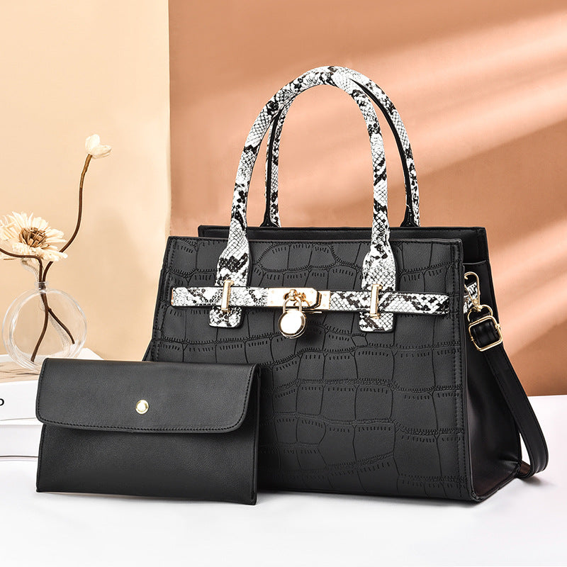 2026 new trendy fashion large capacity mother-daughter handbag set, snakeskin print color block shoulder bag, large capacity crossbody tote