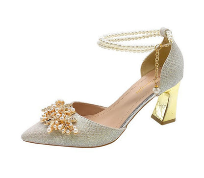 2026 autumn new sequined wedding shoes women's thin heels shallow mouth hollow single shoes pearl buckle high heels banquet
