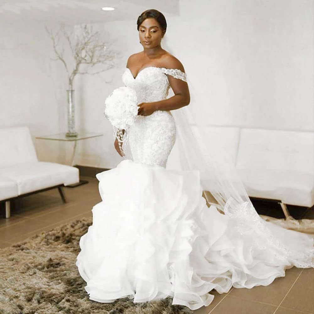 African-inspired mermaid wedding dress - new 2026 off-the-shoulder lace appliqué, cinched waist mermaid gown