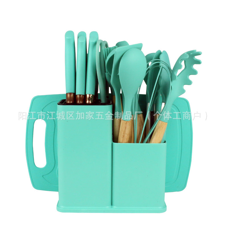 Silicone kitchenware 19-piece set, non-stick pan, silicone spatula, spoon, kitchen utensils, knife suit with storage bucket