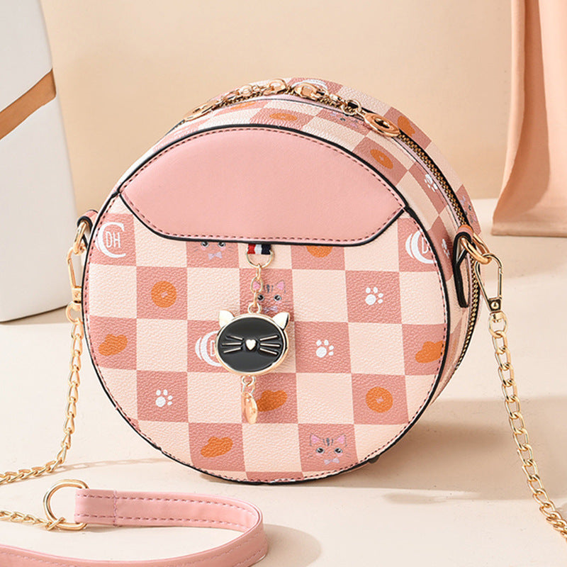 2026 new trendy fashion shoulder chain commuter small round bag printed plaid tiktok influencer girl's small round bag