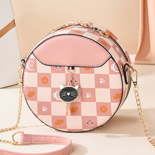 2026 new trendy fashion shoulder chain commuter small round bag printed plaid tiktok influencer girl's small round bag