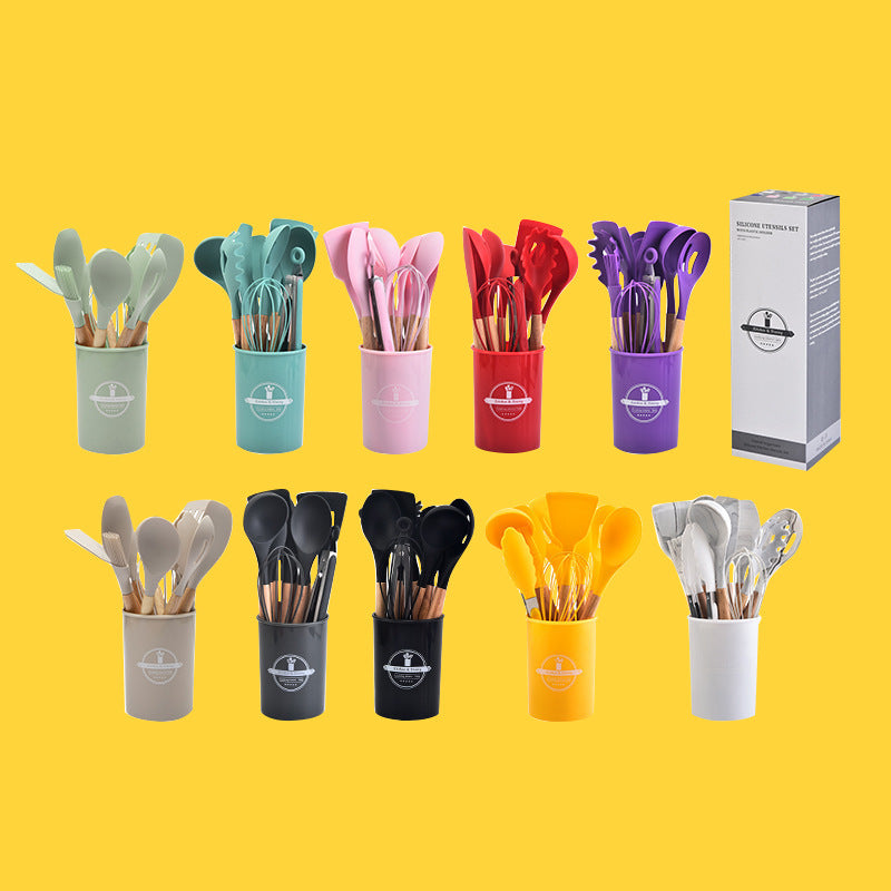 12-piece silicone cooking utensil set with wooden handles - non-stick pots, spatulas, spoons, and high-temperature resistant silicone kitchen tools