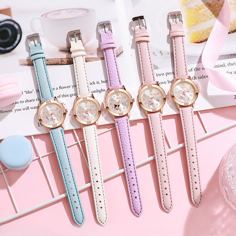 Rose gold diamond-studded leather strap watch - women's quartz watch for middle school students - cross-border wholesale watch supply