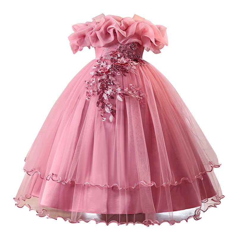 Children's one-shoulder tulle princess dress - perfect for weddings, banquets, piano recitals, and parties