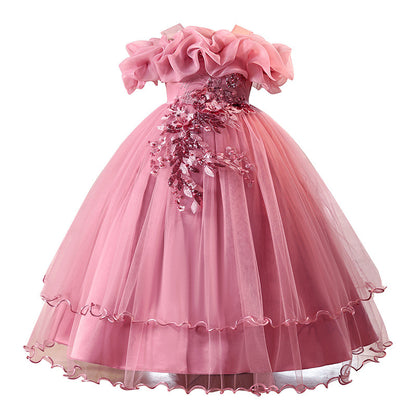 Children's one-shoulder tulle princess dress - perfect for weddings, banquets, piano recitals, and parties
