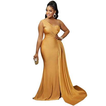 2026 new fashionable and elegant solid color party tight single rotator sleeve temperament dress long dress