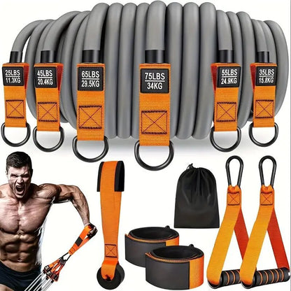 Cross-border best-selling 12-piece set of tension rope fitness equipment tensioner suittpe latex elastic rope elastic band