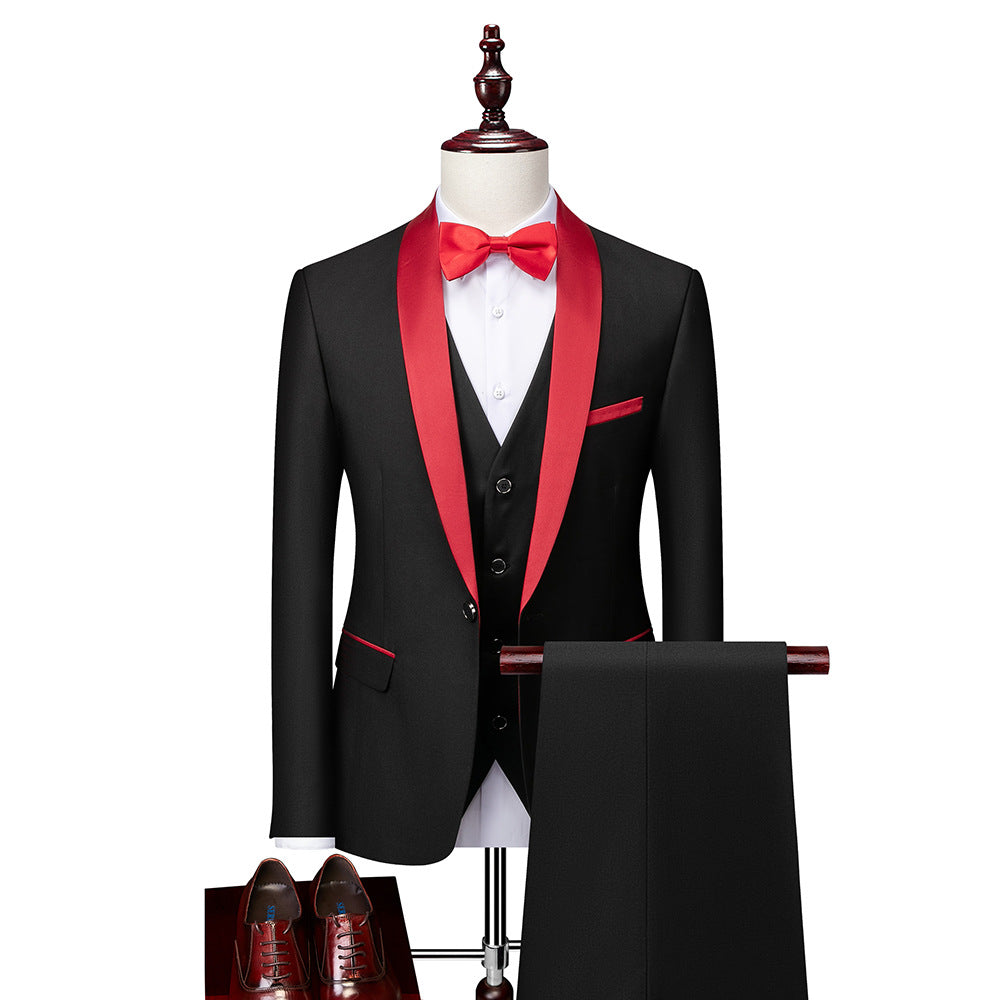 Suit Men's Suit Three-piece Set Green Fruit Collar Groom's Wedding Suit Men's Slim Burgundy Best Man's Wedding Dress