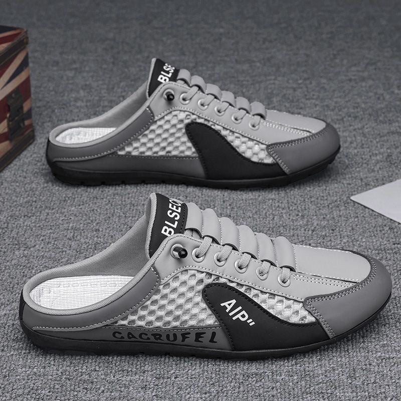 Hollow plus size shoes men's summer mesh half slippers men's one-leg outdoor lazy shoes breathable beanie men's shoes