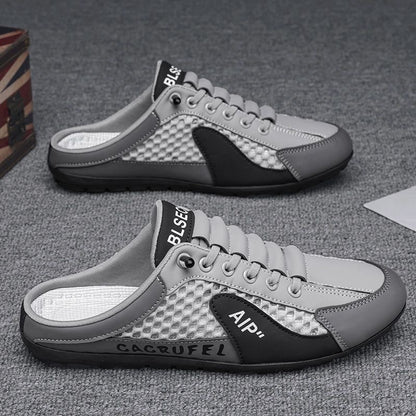 Hollow plus size shoes men's summer mesh half slippers men's one-leg outdoor lazy shoes breathable beanie men's shoes