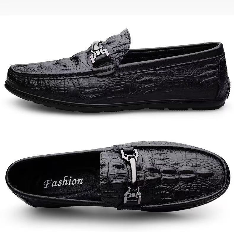 Men's flat casual shoes summer crocodile pattern slip-on loafers lightweight soft sole british leather shoes cross-border