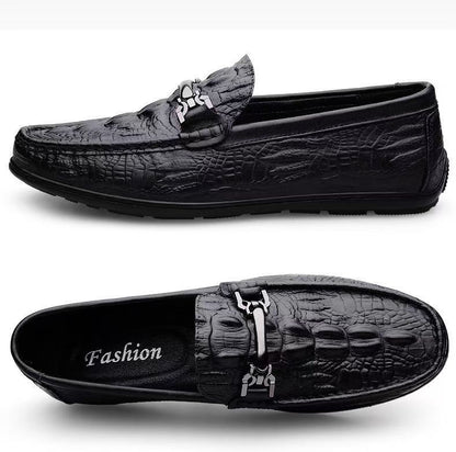 Men's flat casual shoes summer crocodile pattern slip-on loafers lightweight soft sole british leather shoes cross-border