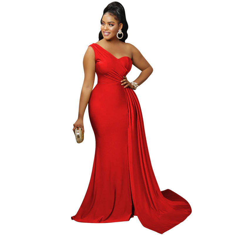 2026 new fashionable and elegant solid color party tight single rotator sleeve temperament dress long dress