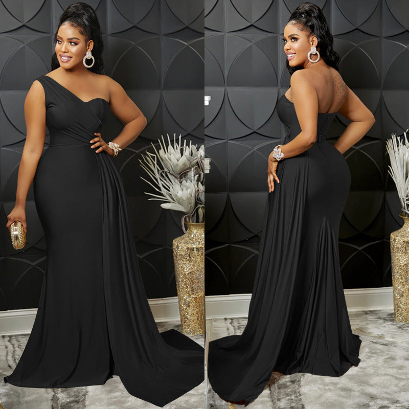 2026 new fashionable and elegant solid color party tight single rotator sleeve temperament dress long dress