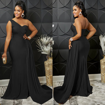 2026 new fashionable and elegant solid color party tight single rotator sleeve temperament dress long dress