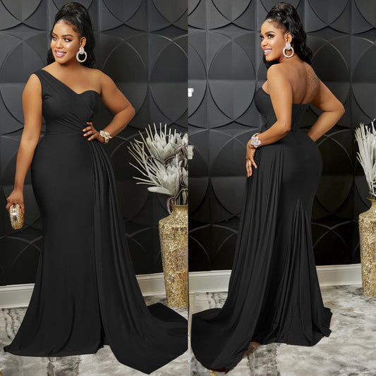 2026 new fashionable and elegant solid color party tight single rotator sleeve temperament dress long dress