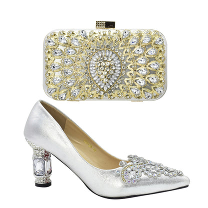 Diamond-encrusted thick-heeled sandals with dinner bag set Italian fashion design rhinestone evening bag set