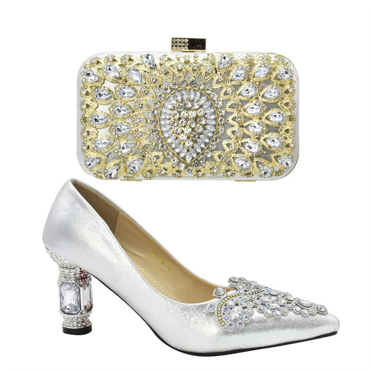 Diamond-encrusted thick-heeled sandals with dinner bag set Italian fashion design rhinestone evening bag set