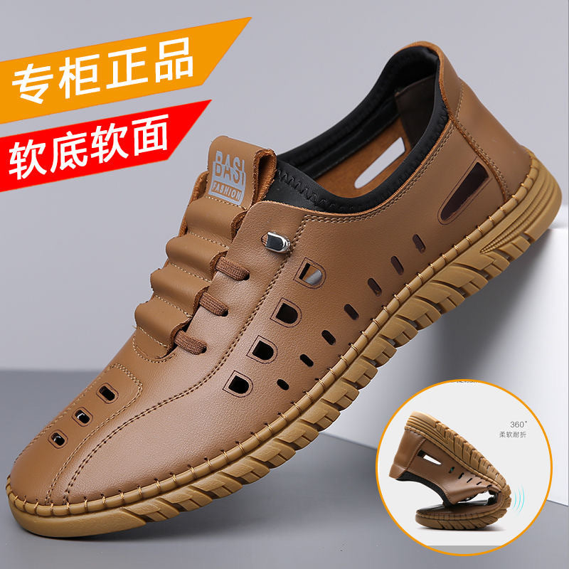 Hollow casual leather shoes men's summernew arrival breathable mesh hole shoes one-leg flat shoes men's cross-border wholesale