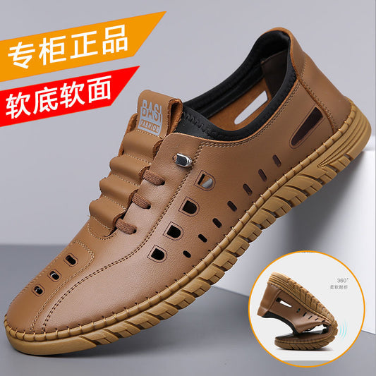 Hollow casual leather shoes men's summernew arrival breathable mesh hole shoes one-leg flat shoes men's cross-border wholesale