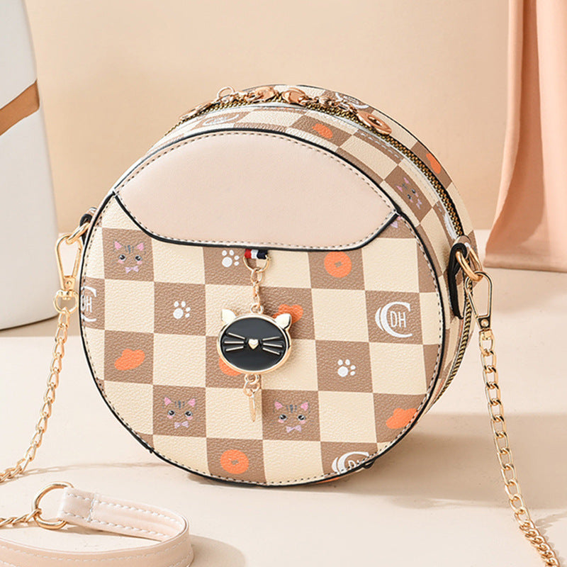 2026 new trendy fashion shoulder chain commuter small round bag printed plaid tiktok influencer girl's small round bag