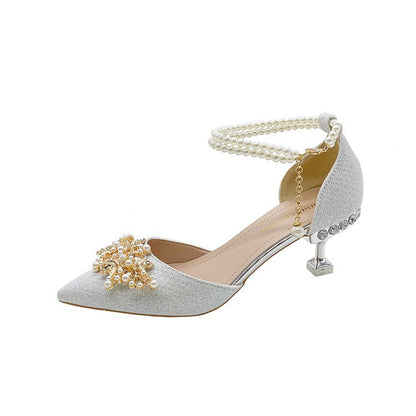 2026 autumn new sequined wedding shoes women's thin heels shallow mouth hollow single shoes pearl buckle high heels banquet