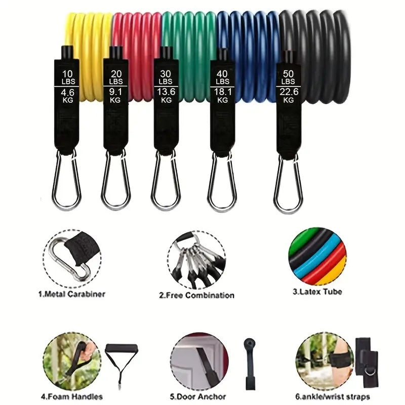 Cross-border exclusive 11-piece resistance band set, 150lb elastic rope fitness kit, indoor fitness multi-functional tensioner