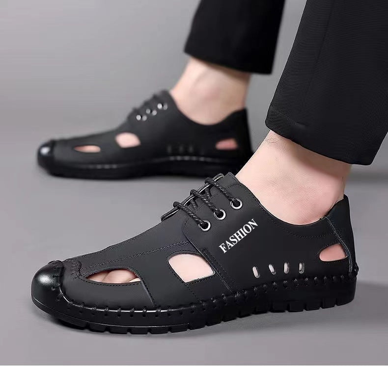 Men's summer sandals: soft sole, soft upper, beach shoes, casual breathable driving shoes, anti-slip leather round toe shoes for men (cross-border)