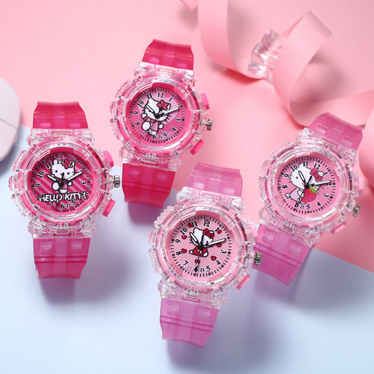 Kt cat colorful light pointer-type literacy kids watch cartoon cat creative luminous electronic watch for boys and girls students