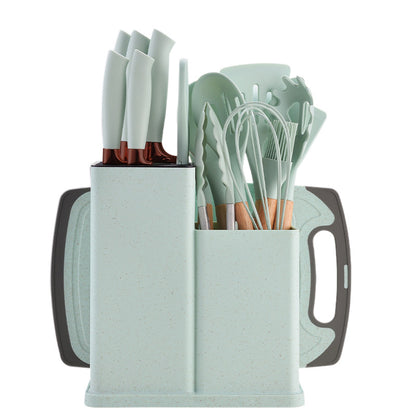 Silicone kitchenware 19-piece set, non-stick pan, silicone spatula, spoon, kitchen utensils, knife suit with storage bucket