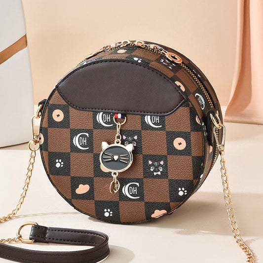2026 new trendy fashion shoulder chain commuter small round bag printed plaid tiktok influencer girl's small round bag