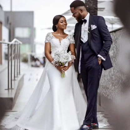 European and american train wedding dress bridal wedding mermaid waist wedding dress high-end outdoor church wedding dress
