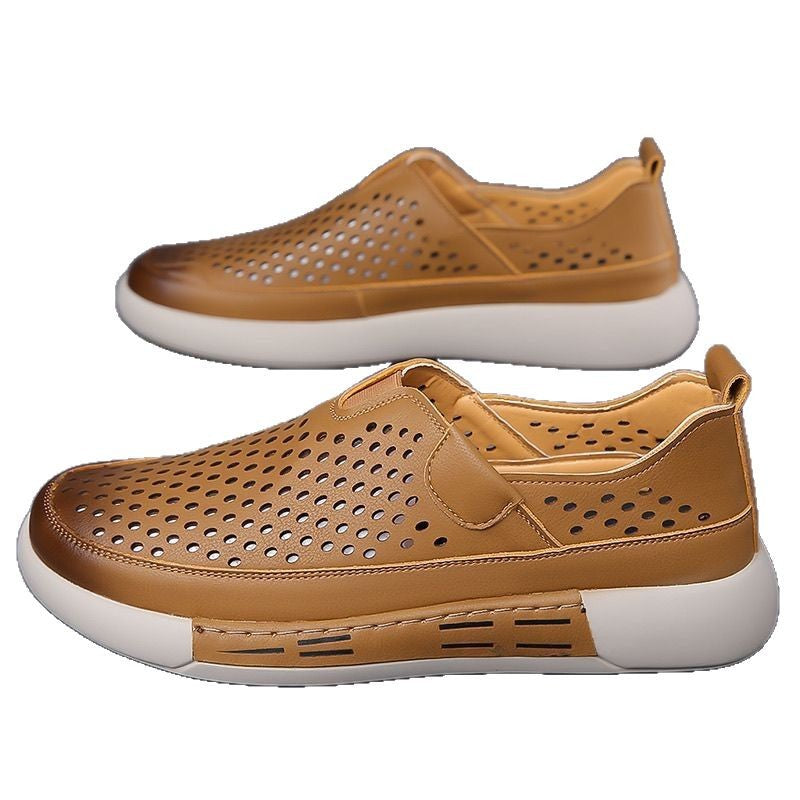 Men's Summer New Style Slip-on Openwork Sneakers, High-Quality Casual Leather Shoes with Soft Sole and Breathable Texture