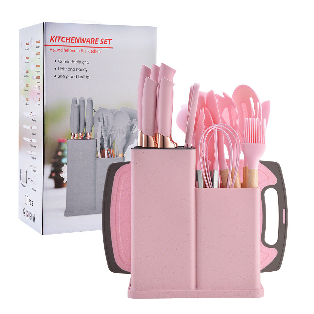 Silicone kitchenware 19-piece set, non-stick pan, silicone spatula, spoon, kitchen utensils, knife suit with storage bucket