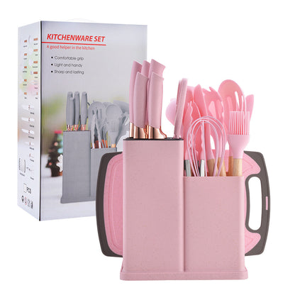 Silicone kitchenware 19-piece set, non-stick pan, silicone spatula, spoon, kitchen utensils, knife suit with storage bucket