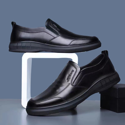 New men's leather shoes - black business casual slip-on loafers, soft sole, non-slip, driving shoes for middle-aged and elderly men