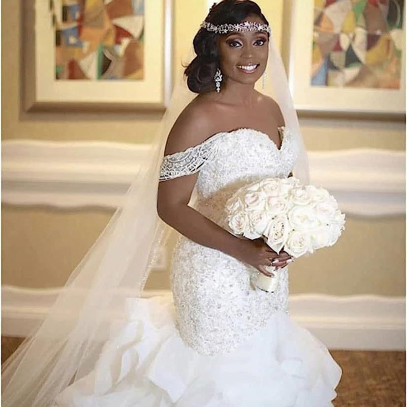 African-inspired mermaid wedding dress - new 2026 off-the-shoulder lace appliqué, cinched waist mermaid gown