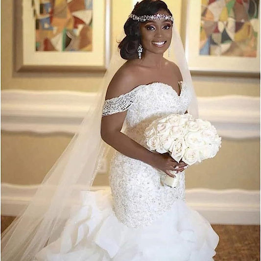 African-inspired mermaid wedding dress - new 2026 off-the-shoulder lace appliqué, cinched waist mermaid gown