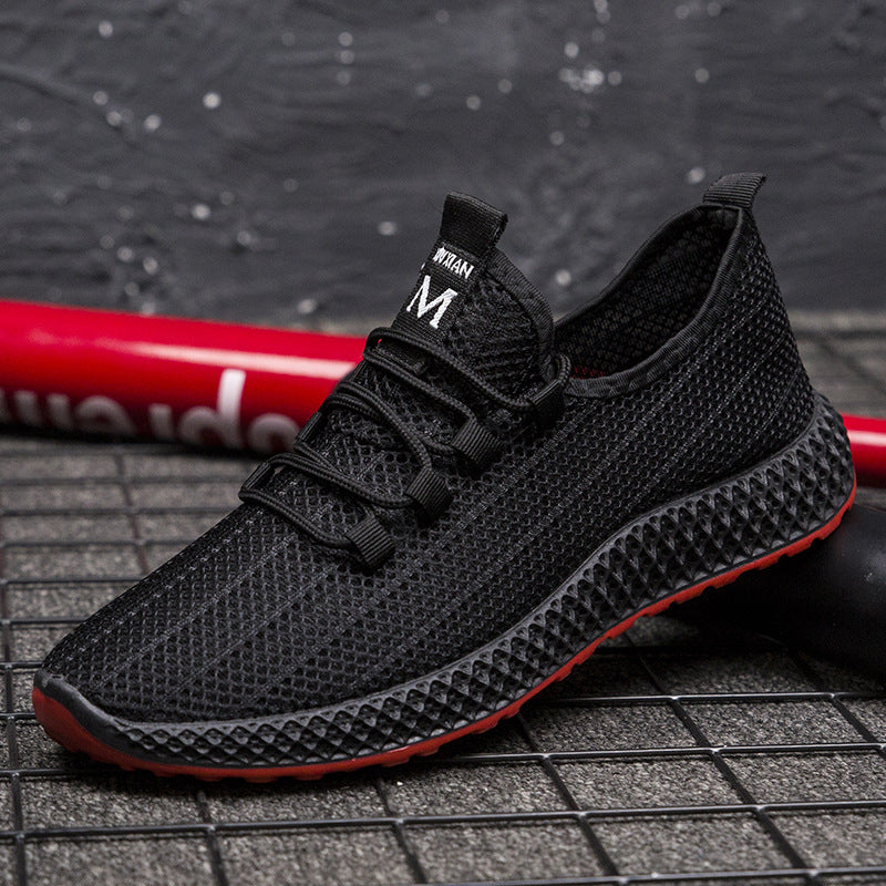 Summer korean style trendy men's shoes hollow mesh breathable men's sneakers soft sole non-slip black shoes men's cross-border