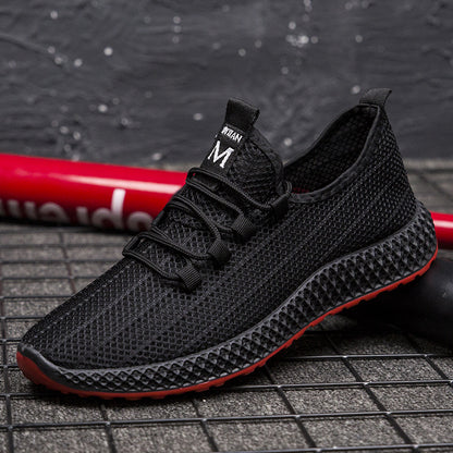 Summer korean style trendy men's shoes hollow mesh breathable men's sneakers soft sole non-slip black shoes men's cross-border