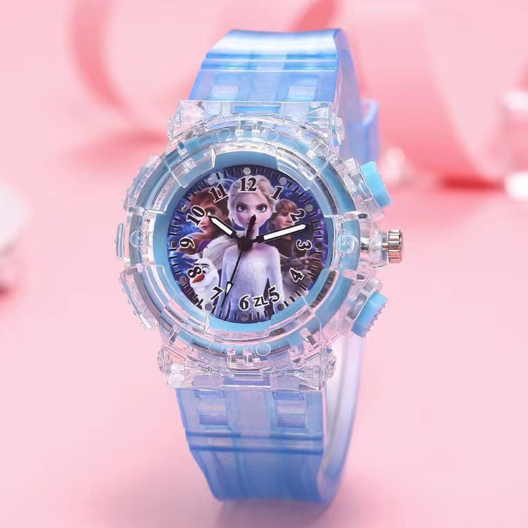 In-stock, kids' light-up watch featuring princess su and princess sha, with colorful flashing lights – the perfect gift for girls!