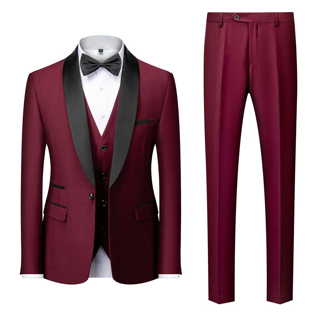 Suit Men's Suit Three-piece Set Green Fruit Collar Groom's Wedding Suit Men's Slim Burgundy Best Man's Wedding Dress