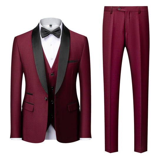 Suit Men's Suit Three-piece Set Green Fruit Collar Groom's Wedding Suit Men's Slim Burgundy Best Man's Wedding Dress