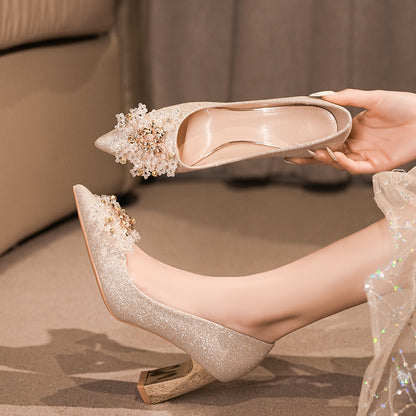 Fairy temperament French thick heel pointed high heels women's 2026 spring new versatile light mouth not tired feet women's shoes