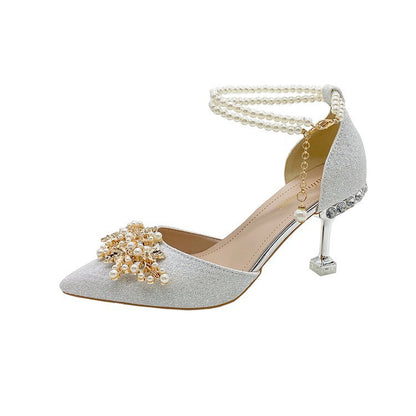 2026 autumn new sequined wedding shoes women's thin heels shallow mouth hollow single shoes pearl buckle high heels banquet